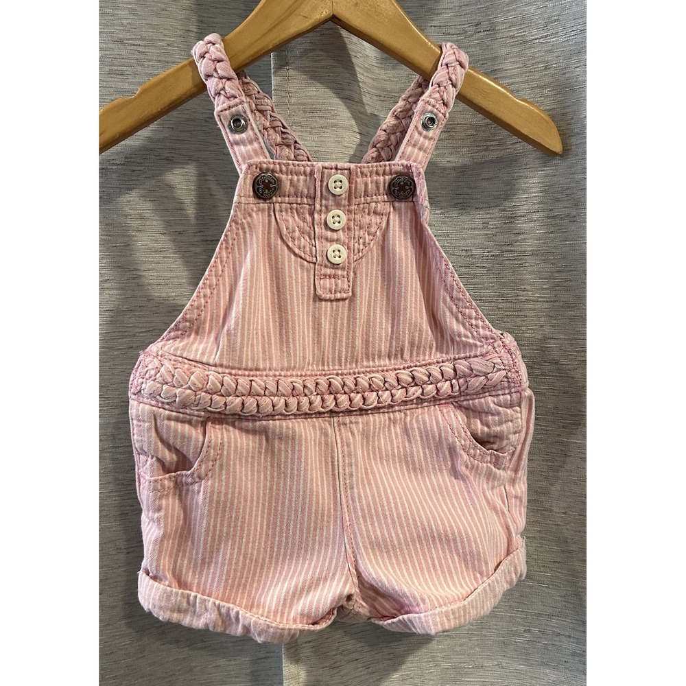 OshKosh B'Gosh Girls Shortalls Pink White Stripe Romper Vestbak Vintage 6 Months
